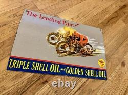 Vintage Shell Oil Gas Motorcycle Racing Porcelain Sign
