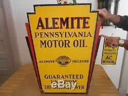 Vintage Sign 1930 Alemite Pennsylvania Oil Art Deco Double Sided Porcelain Sign