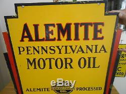 Vintage Sign 1930 Alemite Pennsylvania Oil Art Deco Double Sided Porcelain Sign