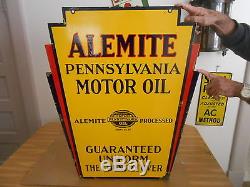 Vintage Sign 1930 Alemite Pennsylvania Oil Art Deco Double Sided Porcelain Sign