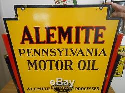 Vintage Sign 1930 Alemite Pennsylvania Oil Art Deco Double Sided Porcelain Sign