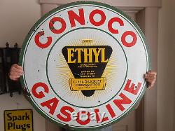 Vintage Sign Conoco Ethyl Double Sided Porcelain 30 Diameter Original ca. 1930's
