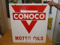 Vintage Sign Conoco Super Motor Oil Double Sided Porcelain Original 30x27
