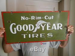 Vintage Sign Goodyear Tires No-Rim Cut ca. 1910 Very Rare Double Sided Porcelain