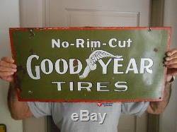 Vintage Sign Goodyear Tires No-Rim Cut ca. 1910 Very Rare Double Sided Porcelain