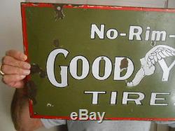 Vintage Sign Goodyear Tires No-Rim Cut ca. 1910 Very Rare Double Sided Porcelain