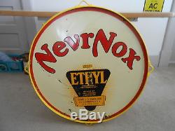 Vintage Sign NevrNox Ethyl Gasoline Double Sided Porcelain 30 Dia. Original