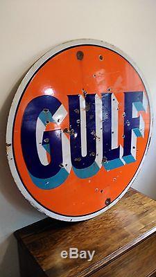Vintage Sign Original Gulf Gasoline Double Sided Porcelain 42