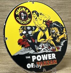 Vintage Signal Gasoline Porcelain Sign Motor Oil Gas Pump Plate Rare Tarzan