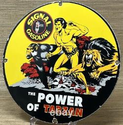 Vintage Signal Gasoline Porcelain Sign Motor Oil Gas Pump Plate Rare Tarzan