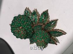 Vintage Signed Ciner Gold Tone Green Enamel & Crystal Flower Pin Brooch