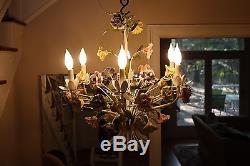 Vintage Signed Italy 6 Light Chandelier Capodimonte Floral Ceiling Lamp Tole