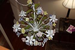Vintage Signed Italy 6 Light Chandelier Capodimonte Floral Ceiling Lamp Tole