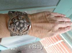 Vintage Signed Maciel Floral Repousse Stamped Mexican Silver Wide Cuff Bracelet