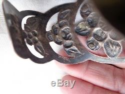 Vintage Signed Maciel Floral Repousse Stamped Mexican Silver Wide Cuff Bracelet