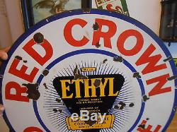 Vintage Signs Red Crown Ethyl Gasoline Double Sided Porcelain 30 Dia. Original