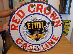 Vintage Signs Red Crown Ethyl Gasoline Double Sided Porcelain 30 Dia. Original
