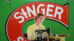 Vintage Singer Sewing Machine Double Sided Enamel porcelain Sign Board Made USA