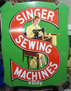 Vintage Singer Sewing Machine Double Sided Enamel porcelain Sign Board Made USA