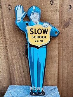 Vintage Slow School Zone Crossing Guard Porcelain Metal Sign USA Police Officer