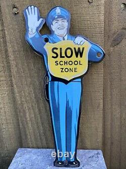 Vintage Slow School Zone Crossing Guard Porcelain Metal Sign USA Police Officer