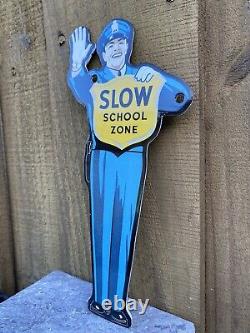 Vintage Slow School Zone Crossing Guard Porcelain Metal Sign USA Police Officer