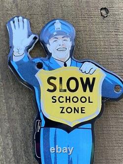 Vintage Slow School Zone Crossing Guard Porcelain Metal Sign USA Police Officer