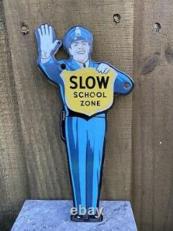 Vintage Slow School Zone Crossing Guard Porcelain Metal Sign USA Police Officer