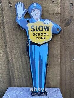 Vintage Slow School Zone Crossing Guard Porcelain Metal Sign USA Police Officer