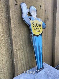 Vintage Slow School Zone Crossing Guard Porcelain Metal Sign USA Police Officer