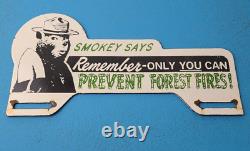 Vintage Smokey Porcelain Prevent Forest Fires License Plate Topper Auto Gas Sign