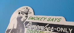 Vintage Smokey Porcelain Prevent Forest Fires License Plate Topper Auto Gas Sign