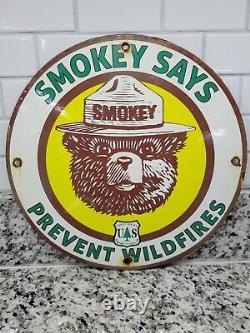 Vintage Smokey The Bear Porcelain Sign National Forest Service Park Fire Gas Oil