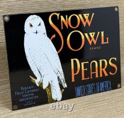 Vintage Snow Owl Pears Porcelain Sign Grocery Store Yakima Washington Fruit