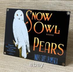 Vintage Snow Owl Pears Porcelain Sign Grocery Store Yakima Washington Fruit