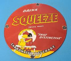Vintage Squeeze Cola Porcelain Gas Soda Beverage Service Pump Plate Sign