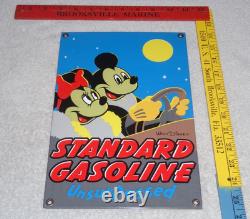 Vintage Standard Gasoline Mickey Mouse & Minnie 11 3/4 Porcelain Metal Oil Sign