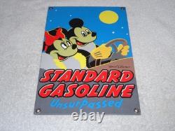 Vintage Standard Gasoline Mickey Mouse & Minnie 11 3/4 Porcelain Metal Oil Sign