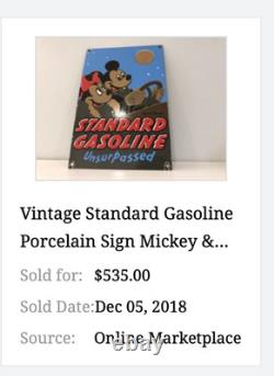 Vintage Standard Gasoline Mickey Mouse & Minnie 11 3/4 Porcelain Metal Oil Sign