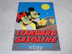 Vintage Standard Gasoline Mickey Mouse & Minnie 11 3/4 Porcelain Metal Oil Sign