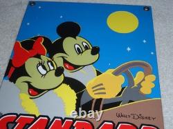 Vintage Standard Gasoline Mickey Mouse & Minnie 11 3/4 Porcelain Metal Oil Sign
