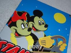 Vintage Standard Gasoline Mickey Mouse & Minnie 11 3/4 Porcelain Metal Oil Sign