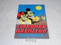 Vintage Standard Gasoline Mickey Mouse & Minnie 11 3/4 Porcelain Metal Oil Sign