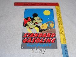 Vintage Standard Gasoline Mickey Mouse & Minnie 11 3/4 Porcelain Metal Oil Sign