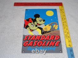 Vintage Standard Gasoline Mickey Mouse & Minnie 11 3/4 Porcelain Metal Oil Sign