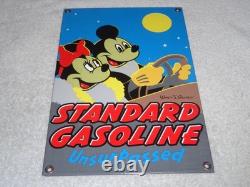 Vintage Standard Gasoline Mickey Mouse & Minnie 11 3/4 Porcelain Metal Oil Sign