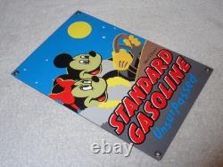 Vintage Standard Gasoline Mickey Mouse & Minnie 11 3/4 Porcelain Metal Oil Sign