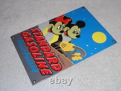 Vintage Standard Gasoline Mickey Mouse & Minnie 11 3/4 Porcelain Metal Oil Sign