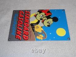 Vintage Standard Gasoline Mickey Mouse & Minnie 11 3/4 Porcelain Metal Oil Sign