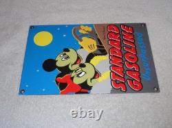 Vintage Standard Gasoline Mickey Mouse & Minnie 11 3/4 Porcelain Metal Oil Sign